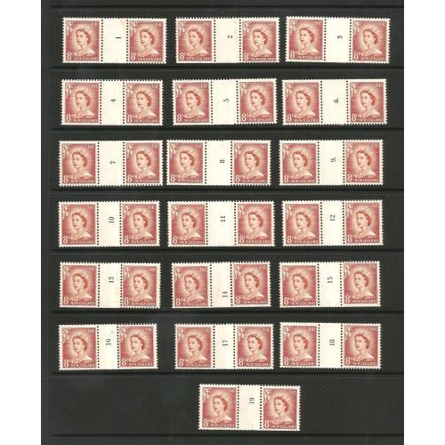 419 - Counter Coil Pairs QEII 1955 8d set of 19 with the number reading upwards.  SG751 CP NC9 (d), fresh ... 