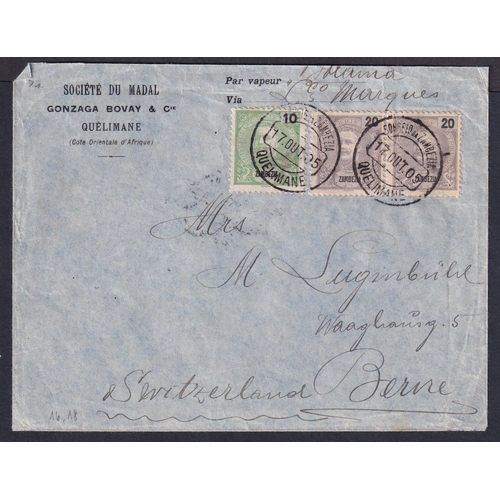 449 - 1905 A very scarce cover franked 10r + 20r (pair) Zambezi issues tied Quelimane CDS addressed to Swi... 