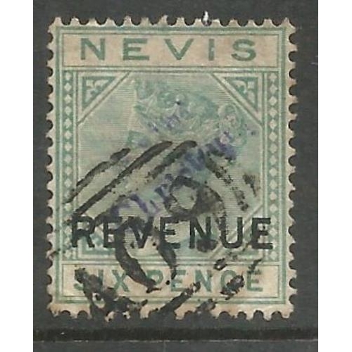 475 - 1883 Saint Christopher revenue stamp used for postage 6d SGR2.  Fine used with duplex cancel.