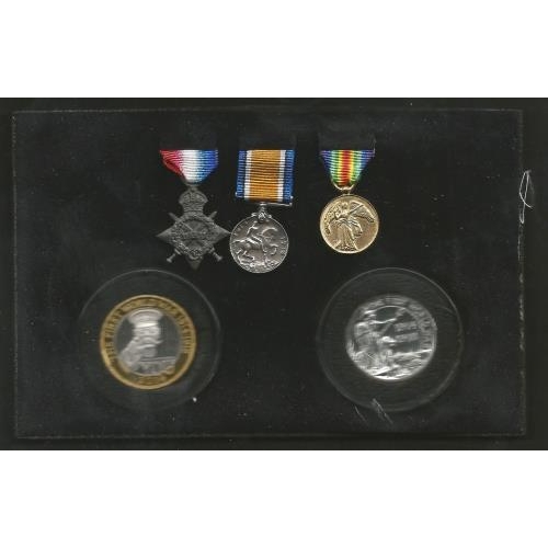 5 - First World War presentation Box with 3 miniature Medals.  2014 Lord Kitchener £2 and 2014 £20 Silve... 