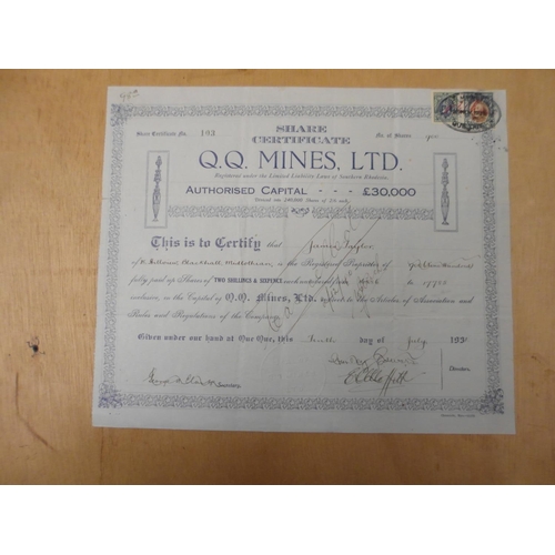 513 - Mines share certificate with revenue stamps attached 1931 QQ mines with KGV 3/- 5/-, 1930 Border min... 