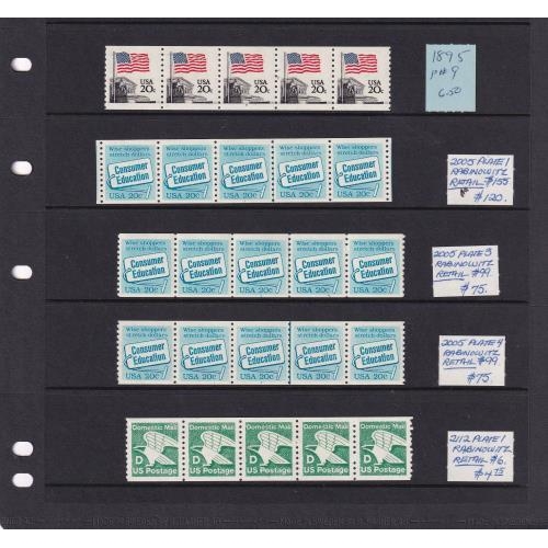 551 - COIL STAMPS strips of 5 with plate numbers 1980's paired inc consumer 20c pl 1,3,4 Scott cat $120, a... 