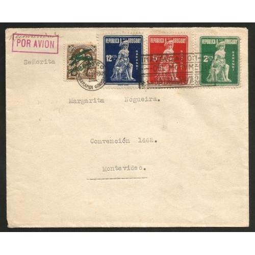 553 - 1923 Flight cover from Sarandi to Montevided. Four stamp combination. An experimental flight. VF.