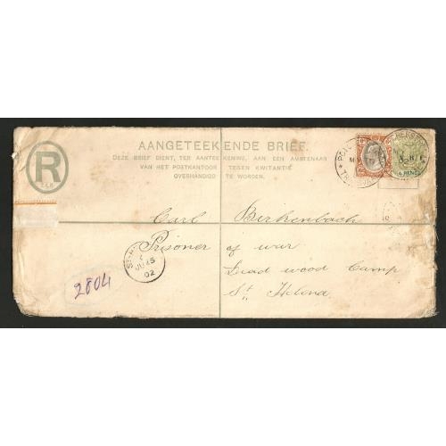 56 - 1902 Registered Envelope sent to a POW at Deadwood Camp, St. Helena from Transvaal with St. Helena a... 