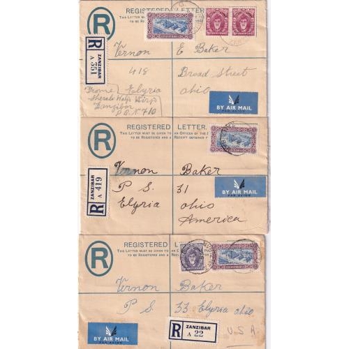 561 - 1953/54 Registered envelopes 30c uprated (7) with a variety of frankings sent to USA.  Seldom seen.