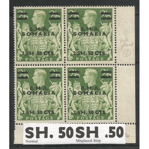 64 - 1948 VARIETY KGVI misplaced stop 2 sh 50c SG S19a fm within positional block 4.