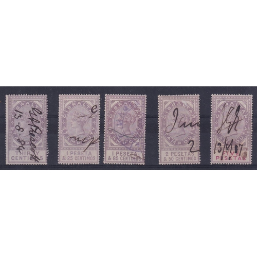 8 - Revenues - Gibraltar 1884 stamp duty Spanish currency 30c to 5p. Five diff values fu.