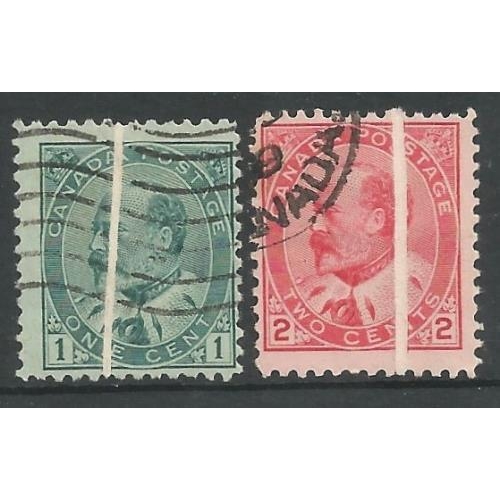 84 - 1903 Spectacular flaws 1c, 2c Edward with pre-printing paper crease, vert leaving part of the stamps... 