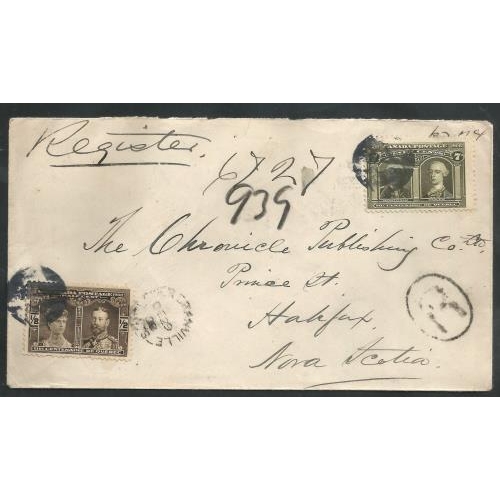 86 - 1908 Registered Envelope with Tercentenary ½c 7c sent to Nova Scotia with RPO transit marks on the r... 