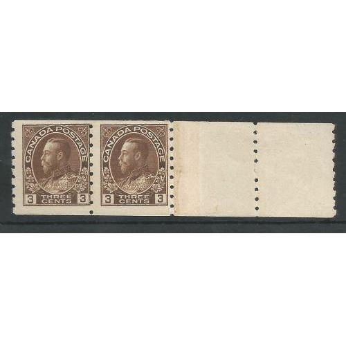 89 - 1918 Coil End pair with Coil End and two stamps attached 2c SG224.  Very scarce, mint.