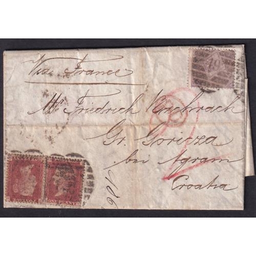 138 - 1867 Rare entire written in London addr to Agram in Croatia franked. 3 x 1d red's tied duplex pmks n... 