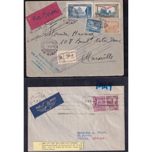 447 - FLIGHT COVERS - Scarce only 70 flown 1937 cover from Tunis to Tripoli with 30c and 1f franking. 1929... 