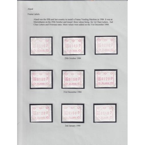 50 - Frama Labels.  A very fine collection on display, pages Inc. used on covers (4), modern Euro issues ... 