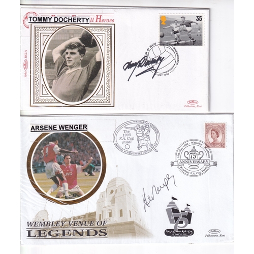 38 - Football autographed illustrated covers (13) inc Dennis Law, Joe Corrigan, Bert Trautmann, Arsene We... 