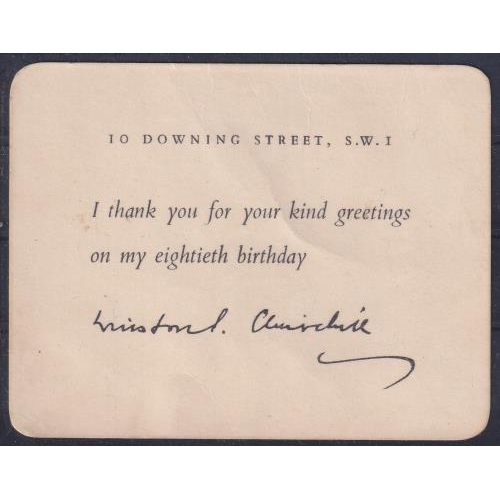 508 - Winston Churchill autographed printed card from 10 Downing Street, I thank you for your kind greetin... 