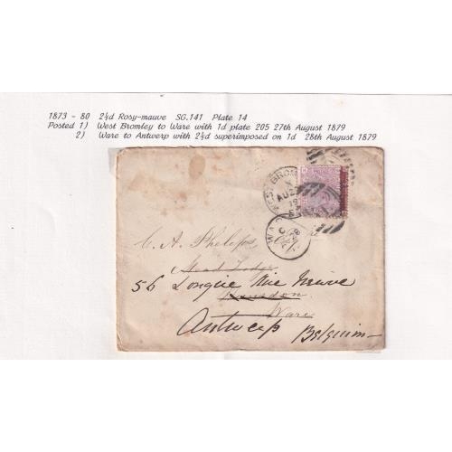 208 - DOUBLE USED COVER and Redirected West Bromwich to Ware Franked Penny Red (Pl.205) then 2½d placed ov... 