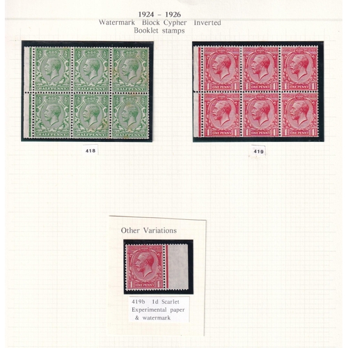 221 - Good lot of Old Pages noting 1924 Set to 1/- mint (c£110).  ½d 1d Booklet Panes of Six Mint (c£170).... 