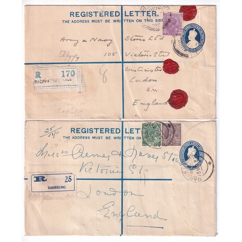 346 - POSTAL STATIONERY KGV 1a.3p REGISTERED envelopes group, used from Plassey Lines, Darjeeling and Kara... 