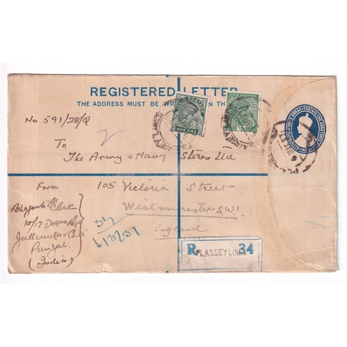 346 - POSTAL STATIONERY KGV 1a.3p REGISTERED envelopes group, used from Plassey Lines, Darjeeling and Kara... 