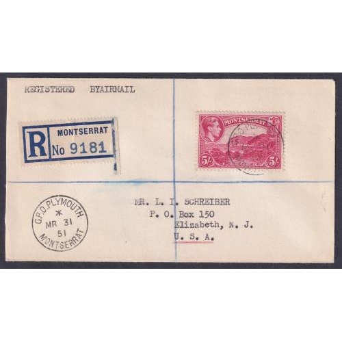 430 - Solo Franking KGVI 5/- high value SG110A, nicely used on Reg'd. cover neatly cancelled at GPO Plymou... 