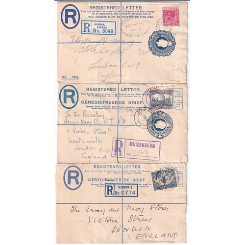 56 - POSTAL STATIONERY REGISTERED ENVELOPES GROUP, we see 1898 Trinidad, most are KGV envs from Rhodesia,... 