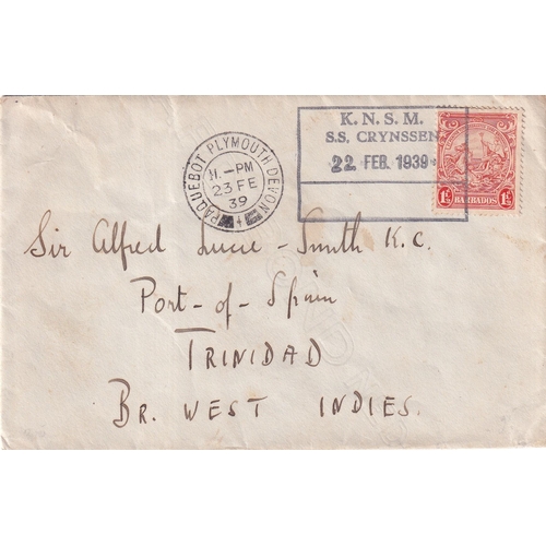 83 - K.N.S.M. Line cancels on Paquebot covers, one addressed to Trinidad, the other with a large triangul... 