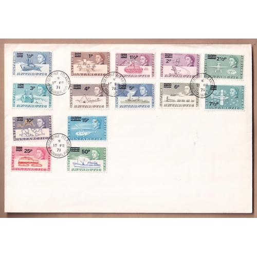 95 - Decimal currency ovpt defin set (14) on FDC cancelled at Argentine Islands also 1971 South Georgia d... 