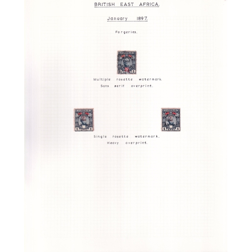 96 - FORGERIES COLLECTION written up on pages, we see forgeries of 1890-5 issue, 1895 British East Africa... 