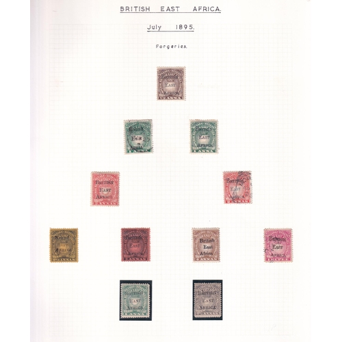 96 - FORGERIES COLLECTION written up on pages, we see forgeries of 1890-5 issue, 1895 British East Africa... 