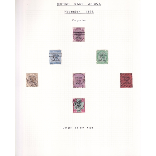 96 - FORGERIES COLLECTION written up on pages, we see forgeries of 1890-5 issue, 1895 British East Africa... 