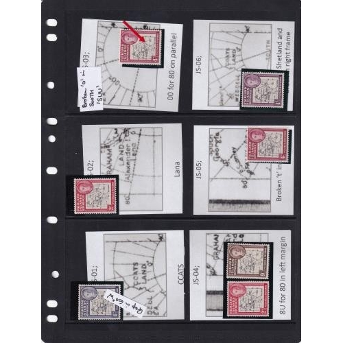 114 - Study of thick map set over 120 stamps with many varieties/flaws highlighted seen enlarged South Geo... 