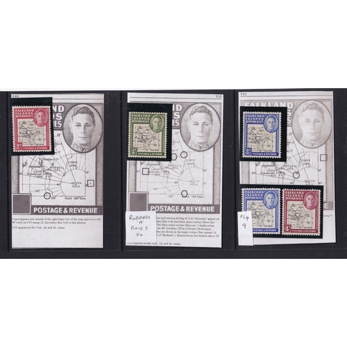 114 - Study of thick map set over 120 stamps with many varieties/flaws highlighted seen enlarged South Geo... 