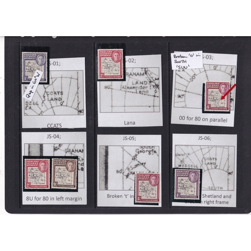 114 - Study of thick map set over 120 stamps with many varieties/flaws highlighted seen enlarged South Geo... 