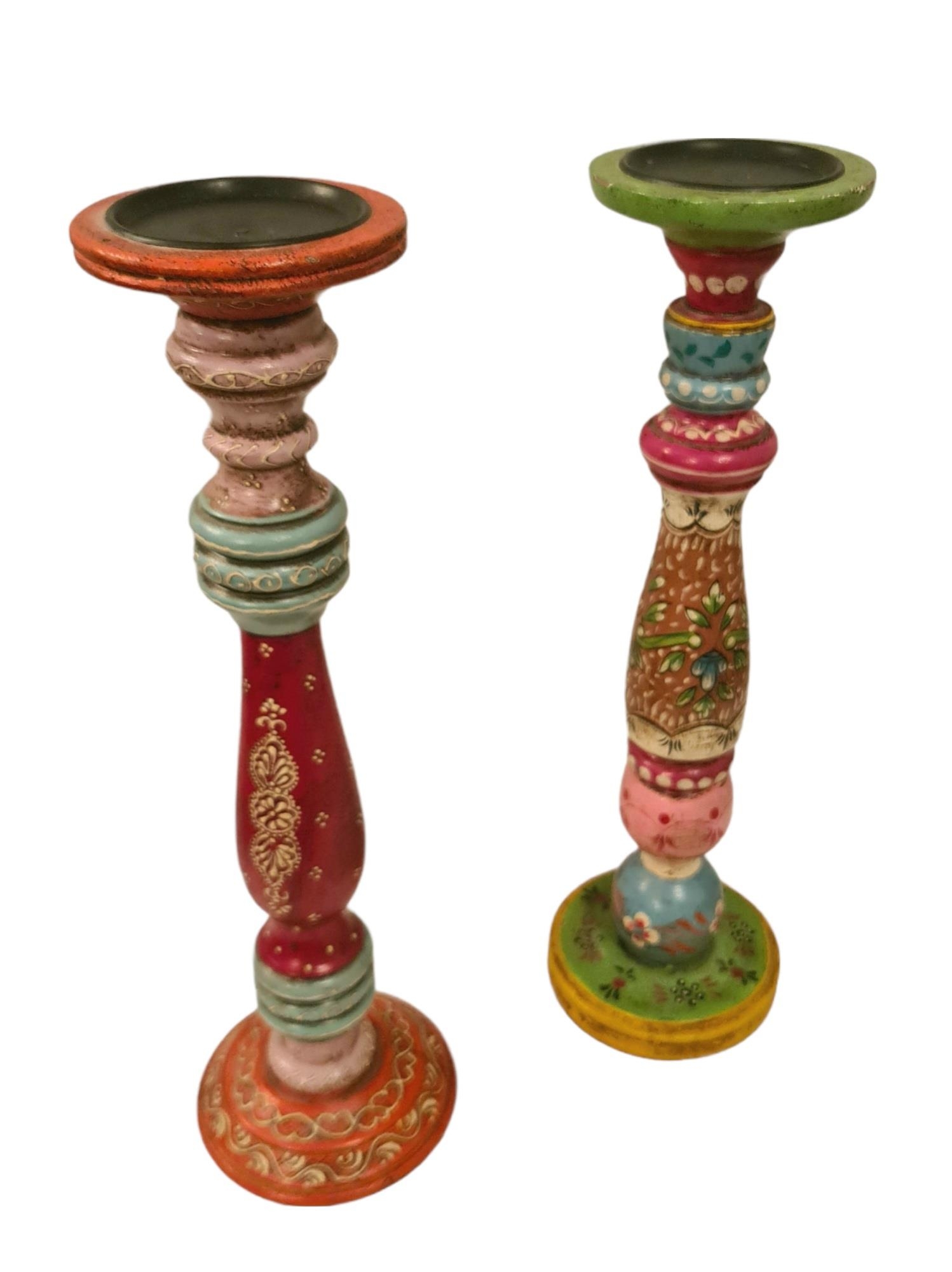 antique painted wooden candlestick holders