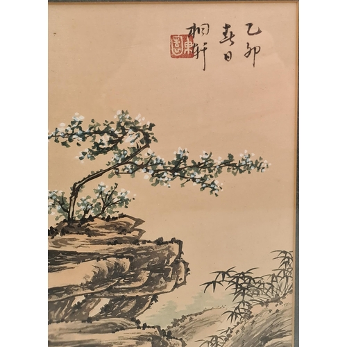 123 - Oriental Art Pen and Ink Drawing Young Girl and Tree in Blossom Measures 17 inches by 15 inches