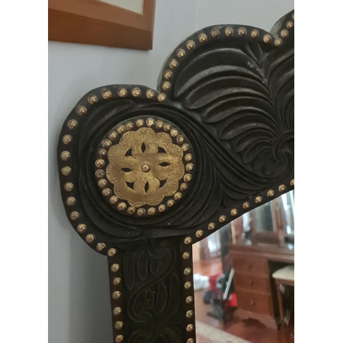 155 - Vintage Carved Ebony Wood Mirror With Brass Studs and Inlay. Originally From Tanzania. Measures 48  ... 