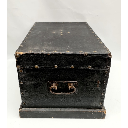 160 - Antique Victorian Small Pine Chest Covered in Black Leather Style Material and Indented With Brass S... 