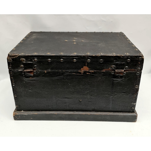 160 - Antique Victorian Small Pine Chest Covered in Black Leather Style Material and Indented With Brass S... 