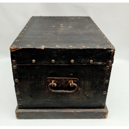 160 - Antique Victorian Small Pine Chest Covered in Black Leather Style Material and Indented With Brass S... 