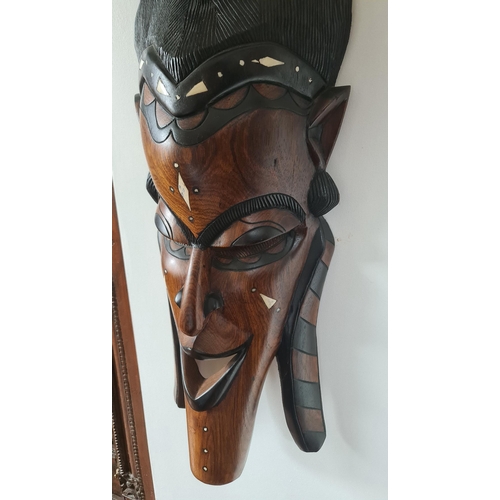 7 - Vintage Hand Carved Tanzanian Face Mask Wall Hanging With Bone Inlay Measures 45 inches by 12 inches... 