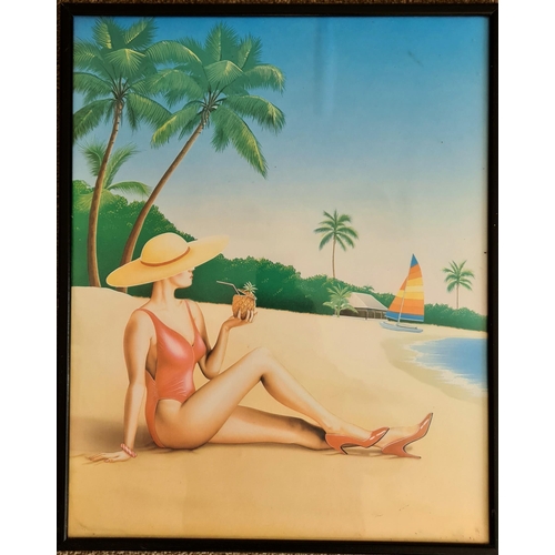 181 - 20th century Print c1980's Woman on Beach Framed Measures 20 inches by 17 inches. Shipping is availa... 