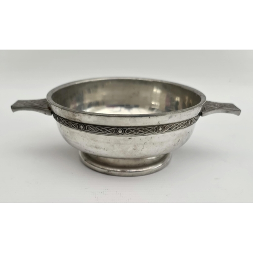 258 - 20th Century Scottish Style Quaich Pewter With 2 Handles and Celtic Decoration Banding. Measures 7 i... 