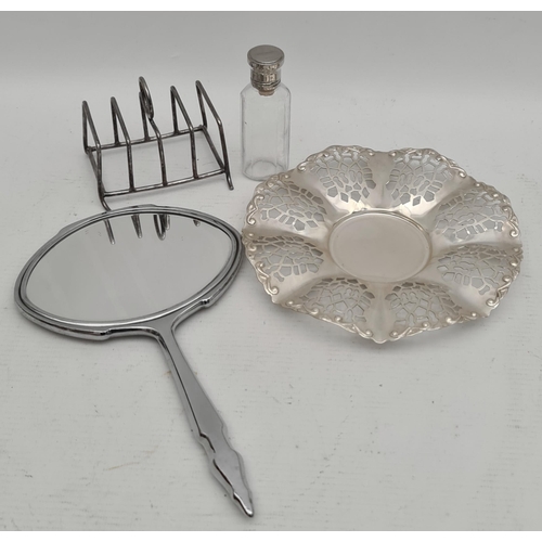 265 - Silver Plated Antique Hand Mirror Small Tray Scent Bottle and Toast Rack. Shipping is available you ... 