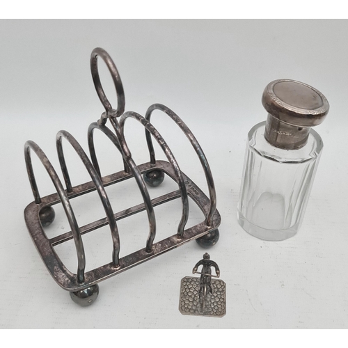 266 - Silver Plated Elkington & Co Toast Rack 950 Silver Topped Scent Bottle and White Metal Man on a Penn... 