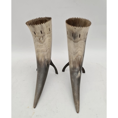 292 - Antique pair Cow Horn Posey Vases on Copper Stands. Each measures 17cm tall. Shipping is available y... 