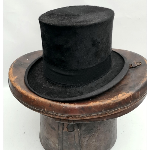 312 - Antique Leather Top Hat Box With Original Top Hat Battersby & Co London. The Hat Box Measures 14 inc... 