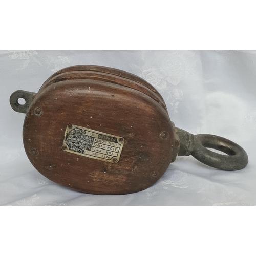 313 - Vintage Ships Double Pulley With Brass Pulley Wheels In Dark Hard Wood Case and Iron Pulley Rings Me... 