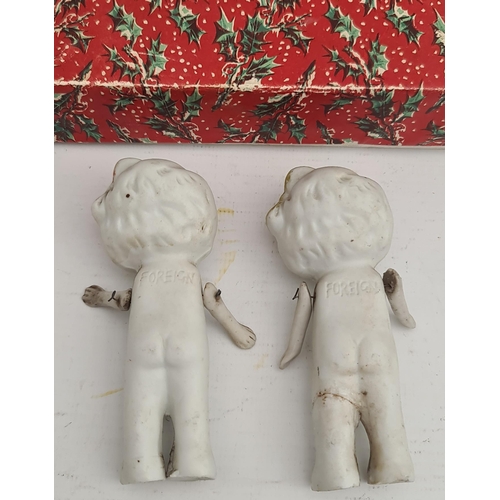 314 - Antique 2 x Bisque Dolls Articulated Arms Stamped Foreign On The Rear. Each Measures 4 inches tall. ... 