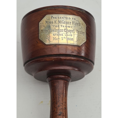 316 - Antique Hardwood Mallet Presented To Miss E. M. Grace Reed of Tenby 5th May 1880 For Laying The Foun... 