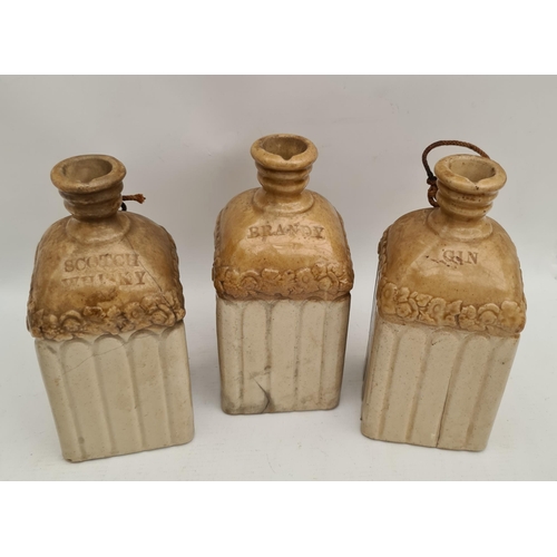 326 - Antique Square Stoneware Flagons Bottles 4 In Total 3 Matching. Includes Whisky Brandy and Gin The t... 